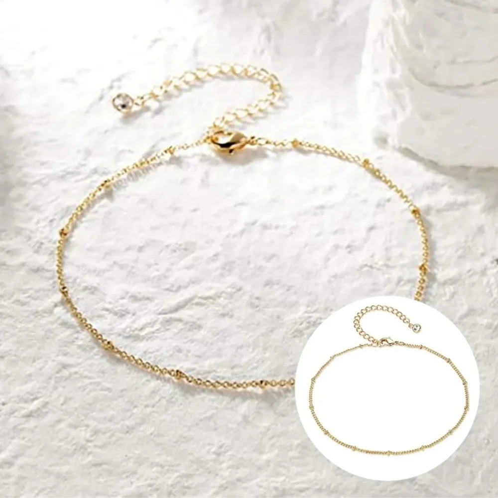 Dainty Gold Satalight Chain Beaded Adjustable Ankle Bracelet Anklet Tiny Beads - Picture 2 of 5